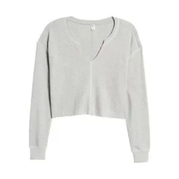 Split Neck Thermal Crop Top light heather grey long sleeve - Picture 1 of 5